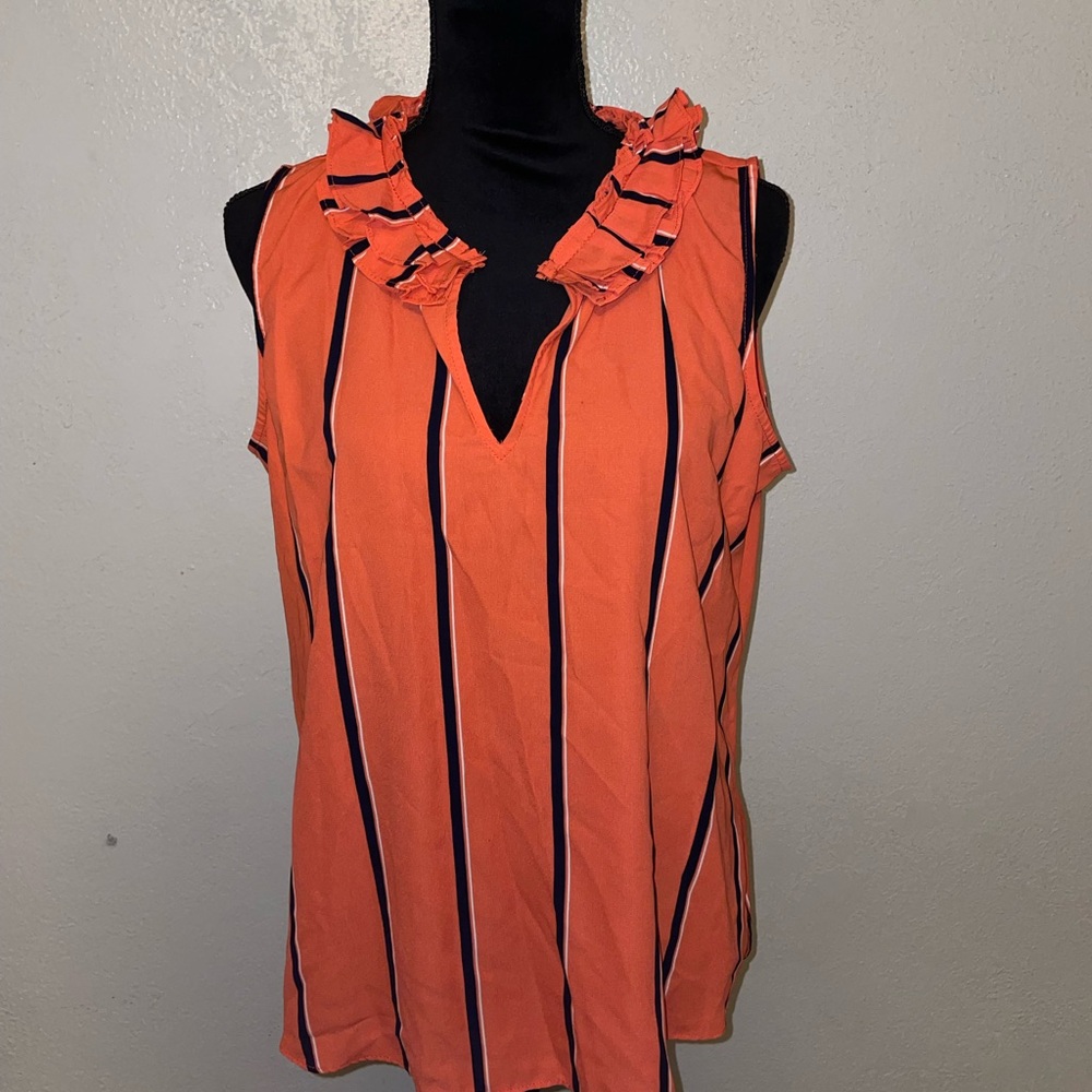 Sioni Orange Striped Ruffle V-Neck Sleeveless Top